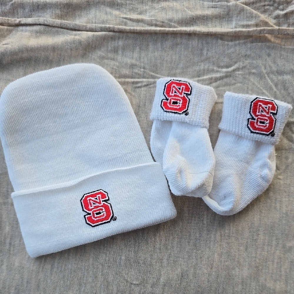 NC State White Baby Beanie and Socks Set